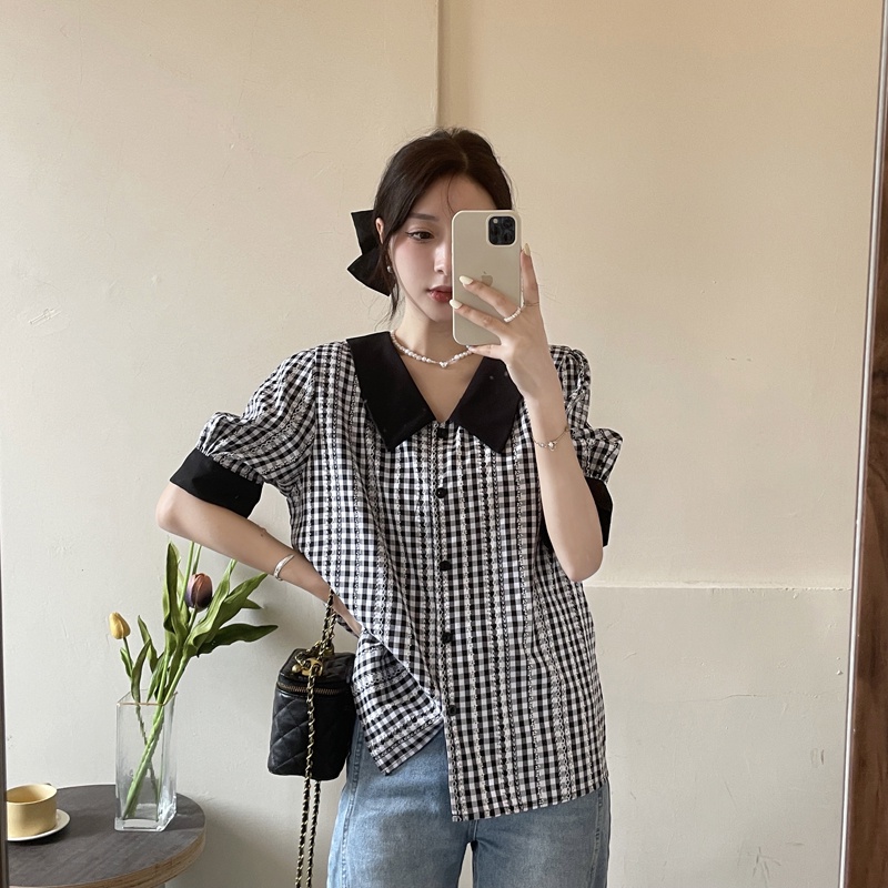 Áo Sơ Mi Tay Phồng Cổ Búp Bê Kẻ Sọc Caro Phong Cách Hàn Quốc Thời Trang Cho Nữ