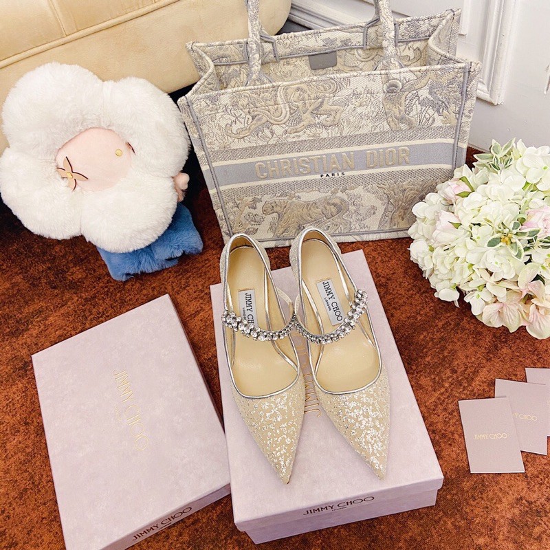Giày cao gót mũi nhọn 8.5cm Jimmy Choo 2021 da thật cao cấp thiết kế có quai