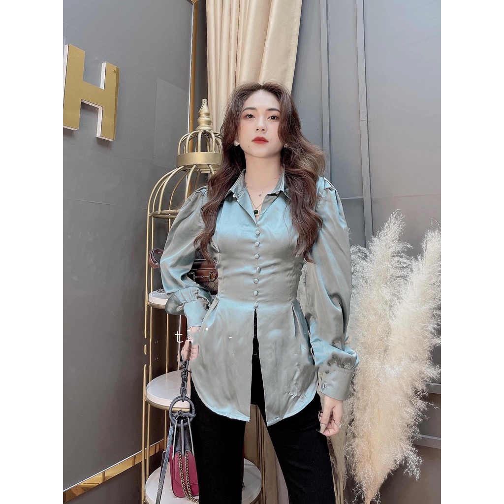 Áo sơ mi lụa nữ xẻ tà thắt nơ lung cúc ngọc sơ mi kiểu nữ cao cấp