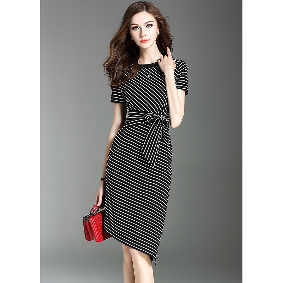 [45-67kg] SIÊU RẺ - ĐẦM ÔM DỰ TIỆC, ĐẦM ÔM BODY XẺ TÀ  KIỂU ĐẦM THUN SỌC PHỐI REN CỘT NƠ EO - ĐẦM CÔNG SỞ NỮ D376