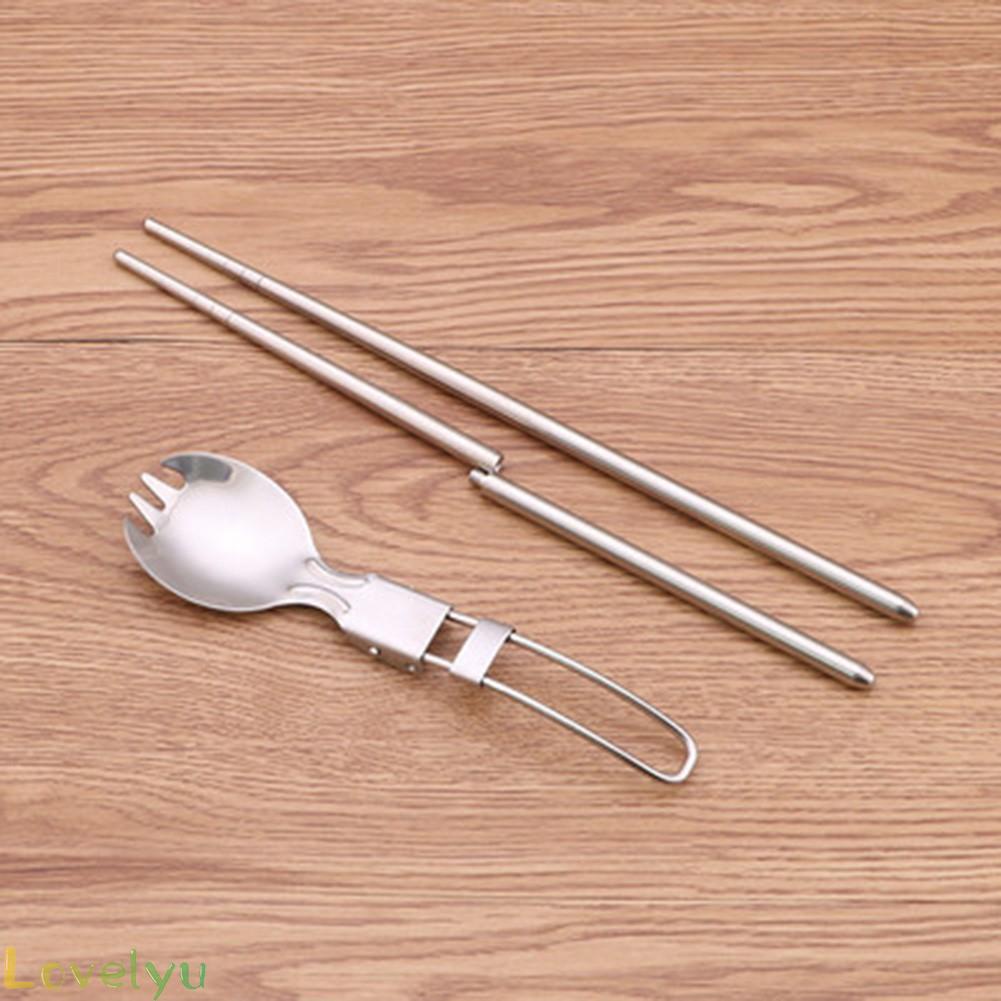 ◀READY▶Stainless Foldable Steel Fork Spoon Chopsticks Travel Camping Cutlery With Bag# Good Quality