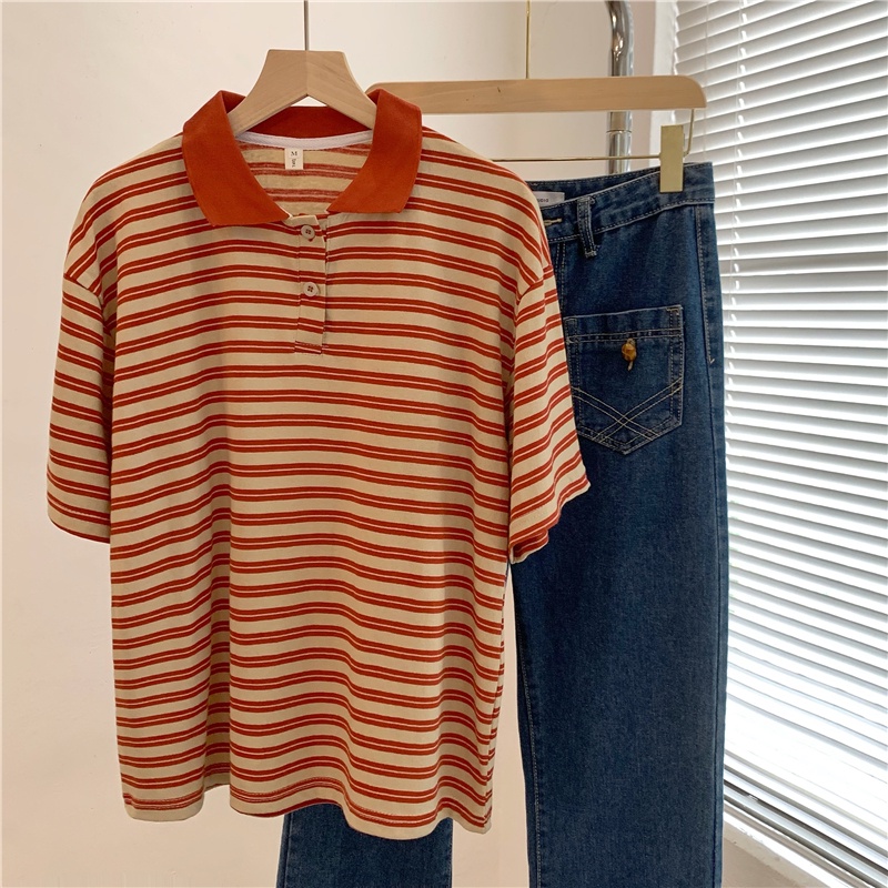 SUXI Áo polo Ngắn Tay Dáng Rộng Họa Tiết Kẻ Sọc Tương Phản Thời Trang Mùa Hè Cho Nữ