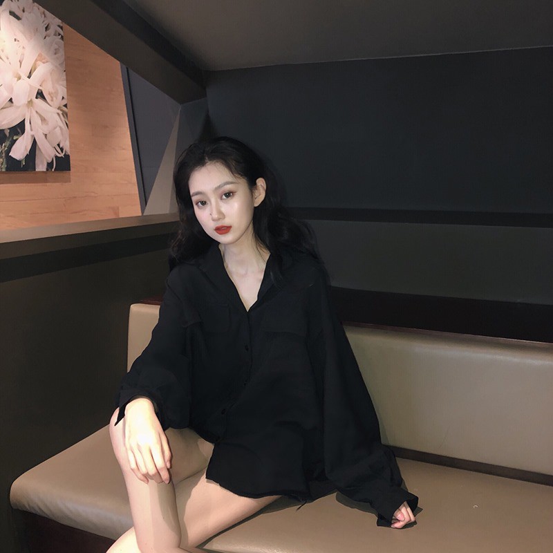 Sơ mi lụa basic màu đen 2 túi ngực A078