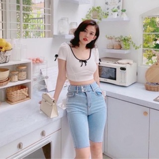 Áo thun croptop cổ nơ tay phồng