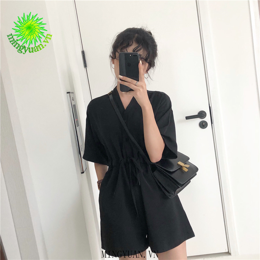 ( Mingyuan ) New retro black casual jumpsuit women loose V-neck short jumpsuit