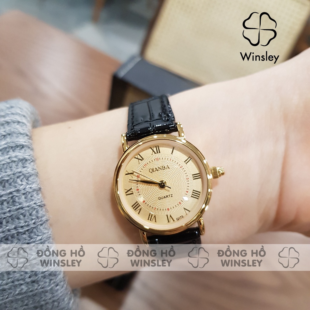 Đồng hồ đeo tay nữ dây da QB viền vàng đẹp chống nước chính hãng giá rẻ