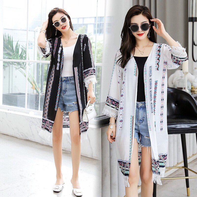 Áo Khoác Cardigan Vải Lanh Mềm Mịn Dáng Dài Hoạ Tiết Hình Học Phong Cách Bohemian - Lucky Girl shop