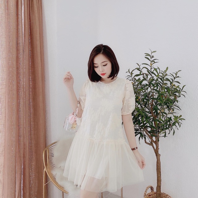 ĐẦM SUÔNG REN HOA NUDE PHỐI LƯỚI 🌼
