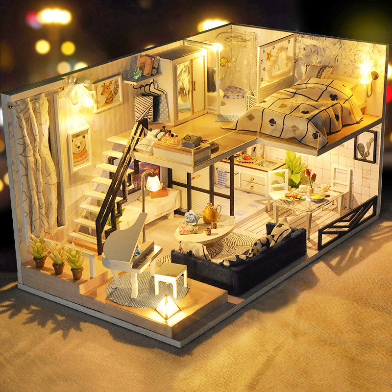 Mô hình nhà gỗ búp bê Tự, Bộ đồ chơi búp bê thu nhỏ với nội thất, làm Nhà thủ công Sưu tầm cho sở thích  TD32