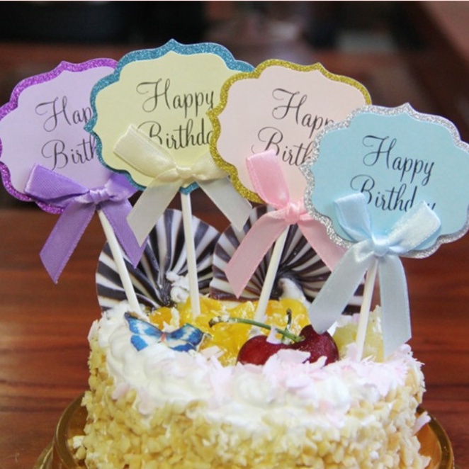 Túi 5 topper thiệp cắm Happy Birthday, hình cắm happy birthday nơ vàng, topper cake