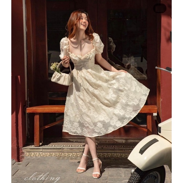 Đầm nữ thiết kế sốp hoa chất tơ sồi cổ phối bèo tay bồng siêu xinh