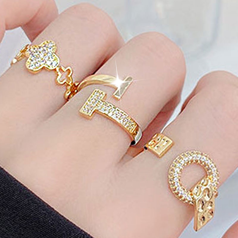 Nhẫn hở mạ vàng 14K hình chữ T đính đá zircon thời trang