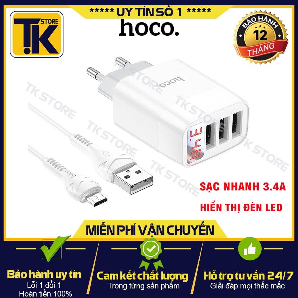 Bộ Củ Cáp Sạc Nhanh 3,4A 3 Cổng USB Hoco C93A Hiển Thị Đèn LED - BẢO HÀNH CHÍNH HÃNG