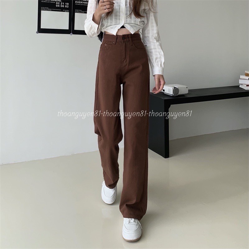 Quần ống rộng dáng suông nữ cạp cao, quần jeans kaki ống đứng trơn nâu hót 2022