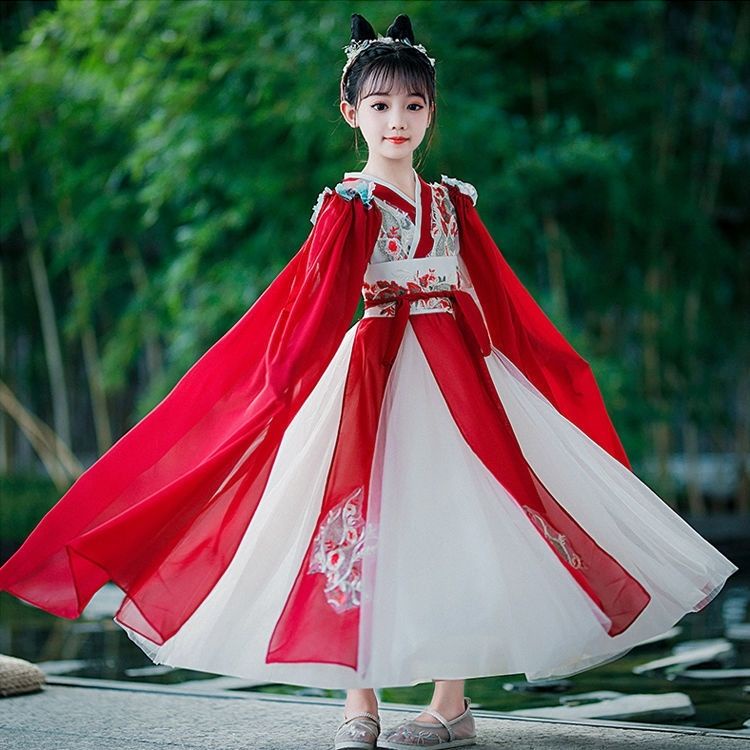 Váy Hán phục siêu tiên của bé gái Trung Quốc, váy thời Đường phiêu dật, váy cổ trang cổ trang của trẻ em, xuân thu 13,9