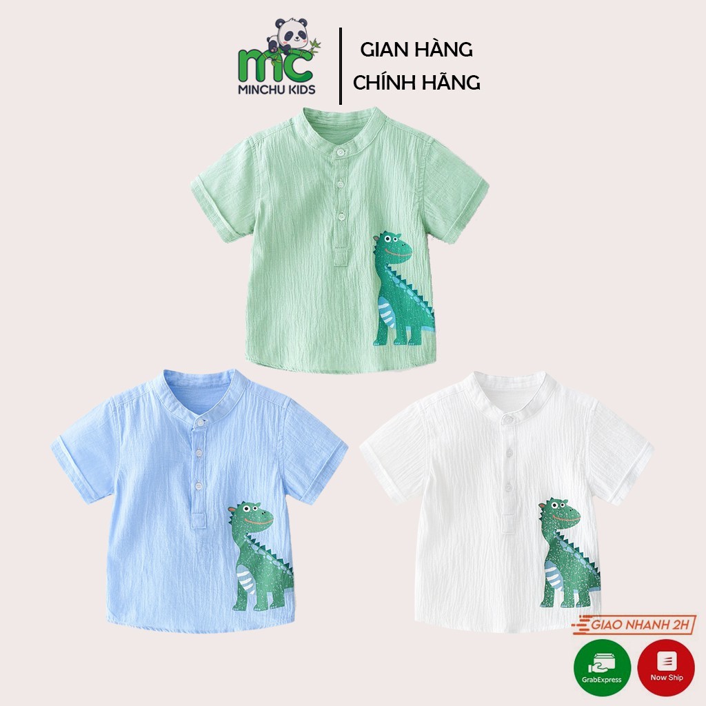 Áo Sơ Mi Bé Trai Chất Đũi Cổ Tàu Hình Khủng Long Áo Cộc Tay Minchu Kids size 10-24 kg