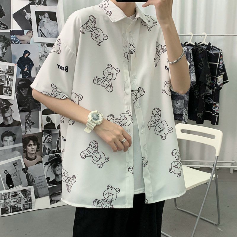 Áo sơ mi nam nữ đều mặc được kiểu tay lỡ form rộng Unisex in hình vẽ nét TeddyBear chibi siêu hot