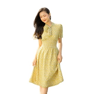 Olv - đầm mustard bowy floral dress