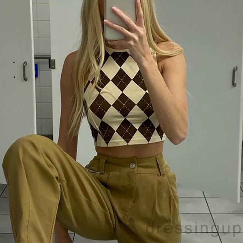 Áo croptop sát nách cổ tròn dáng ôm in họa tiết thời trang cho nữ