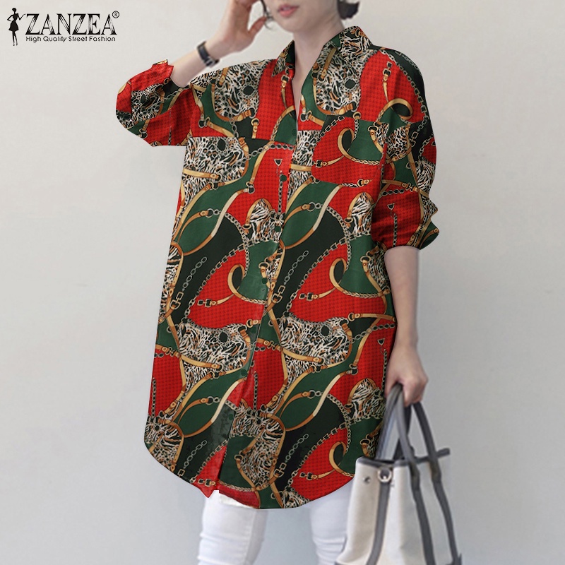 Áo sơ mi ZANZEA tay dài cổ bẻ in họa tiết thời trang cổ điển phong cách cho nữ