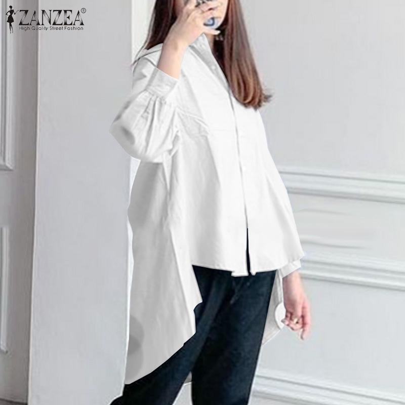 Áo ZANZEA dáng rộng cổ bẻ màu trơn gài nút phía trước dễ phối đồ mặc hằng ngày cho nữ