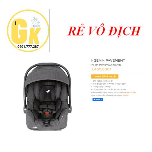 Ghế ngồi ô tô trẻ em Joie i-Gemm Pavement là sản phẩm ghế ngồi ô tô dành cho trẻ sơ sinh đạt tiêu chuẩn i-size