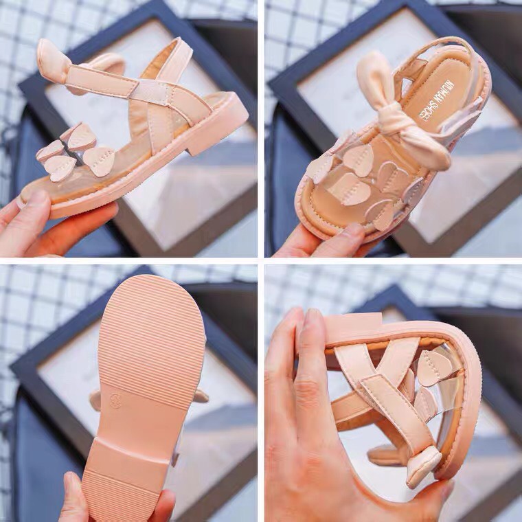 Giày sandal cho bé gái - Dép sandal quai ngang phối Trái tim dễ thương chất da mềm quai dán gắn nơ mới nhất M812