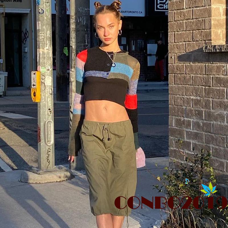 Áo Croptop Tay Dài Cổ Tròn Màu Sắc Tương Phản Thời Trang Cho Nữ