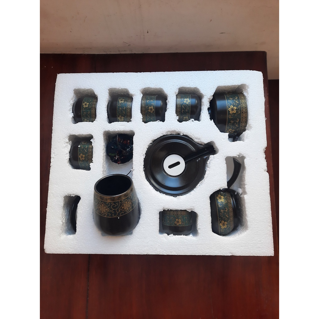 Trọn bộ bàn trà đạo cối xay 12 món đa năng khay trà, 6 chén trà, ấm trà có cối xay, lọ đựng trà gốm sứ màu xanh dương