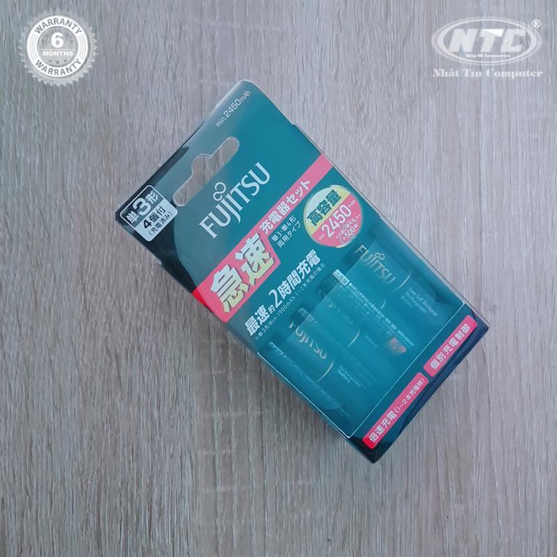 Bộ box sạc kèm 4 pin AA Fujitsu 2450mAh hỗ trợ sạc nhanh Quick charge