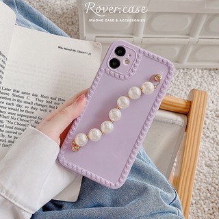 Ốp điện thoại tím kèm dây đeo hạt ngọc xinh xắn cho iPhone 13/7/7plus/8/8plus/x/xs/11/12/pro/max/promax