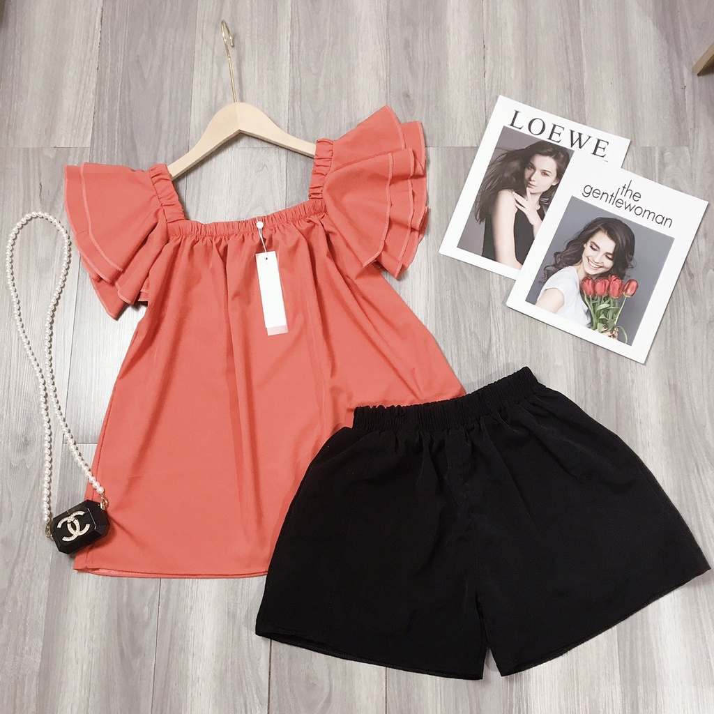 Set đồ nữ HOT 2022, Set bộ nữ áo babydoll cổ vuông cánh tiên trễ vai mặc 2 kiểu chun ngực mix quần sooc