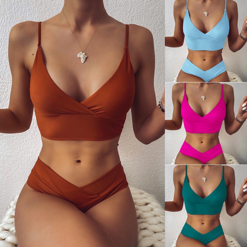 Bikini Lưng Cao Thiết Kế Cổ Chữ V Khoét Sâu 12 Màu Lựa Chọn