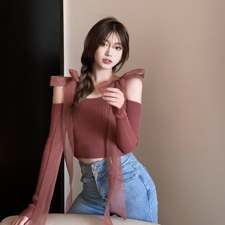 Áo Len Dệt Kim Gợi Cảm Mới Mùa Thu Của Phụ Nữ Áo Sơ Mi Đáy Thời Trang Phong Cách Hàn Quốc