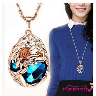 ✦ZWQ1 PC Women´s Fashion Jewelry Charm Rhinestone Love of Wheat Sapphire Crystal Sweater Chain Necklace Pendant Blue