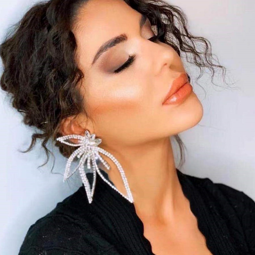 1 Đôi Bông Tai Hình Hoa Lá Đính Đá Thời Trang Nhiều Màu 10.5x5cm