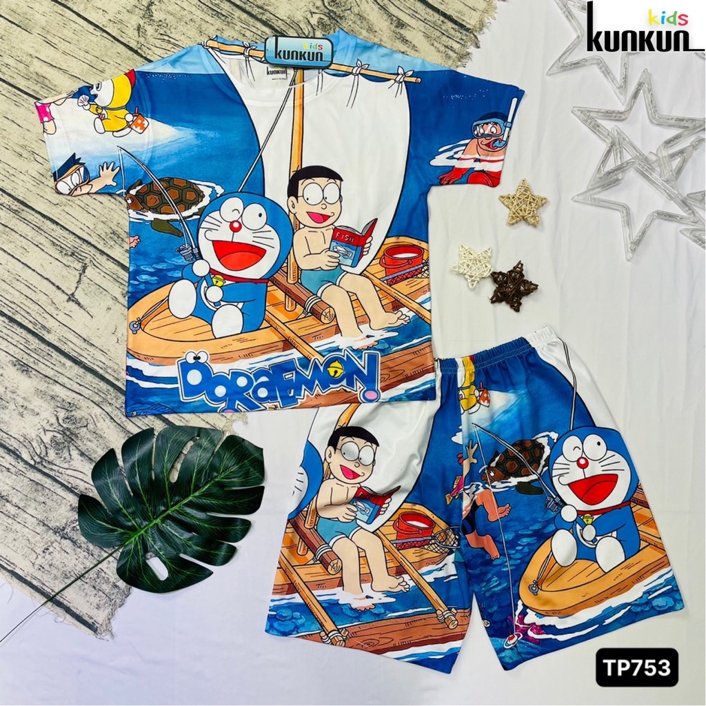 Quần áo trẻ em KUNKUN TP753 in 3D hình doraemon nobita chất thun lạnh thoáng mát - Bộ cộc tay bé trai size đại 10-60kg