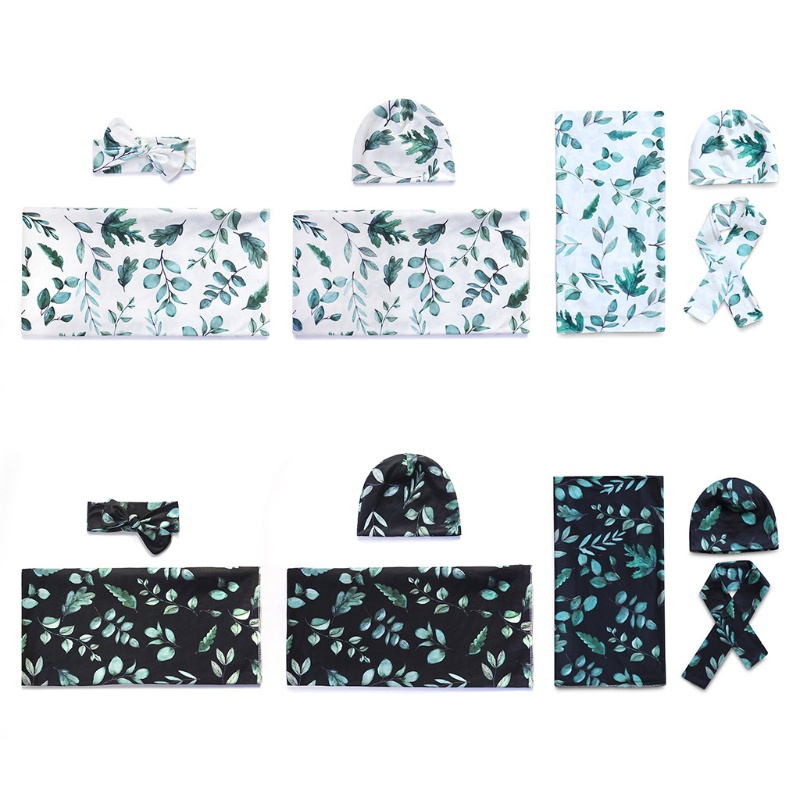 Set 2 Món Gồm Túi Ngủ Cotton In Họa Tiết Lá + Chăn Quấn + Mũ Cho Bé Sơ Sinh