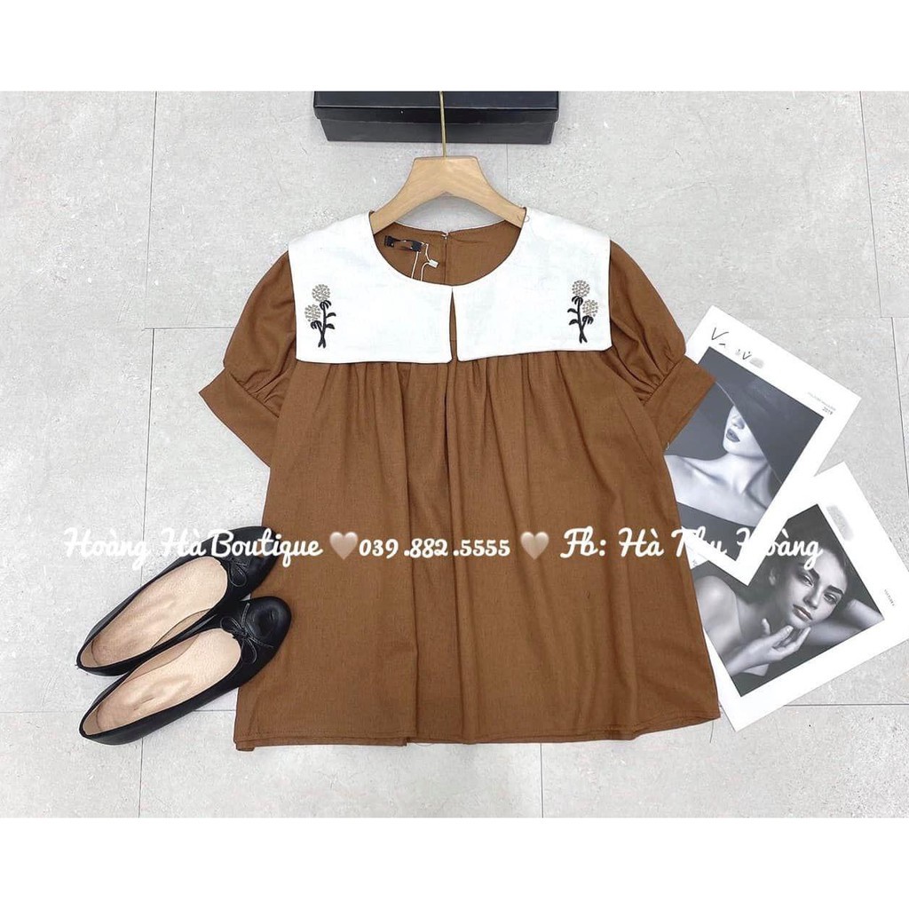 Aó babydoll nâu cổ vạt trắng thêu hoa xinh xắn - A18 | BigBuy360 - bigbuy360.vn