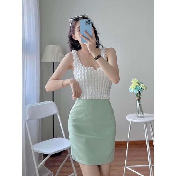 Áo croptop hai dây bản vừa cổ vuông chất xốp nhún 394 FIORI STORE
