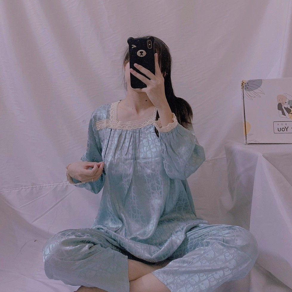 Bộ Pijama Bầu Lụa Gấm Có Cổ, Bộ Bầu Và Sau Sinh 2 Chức Năng Kết Hợp Cho Con Bú Dài Tay HT4619 Honey Mommy