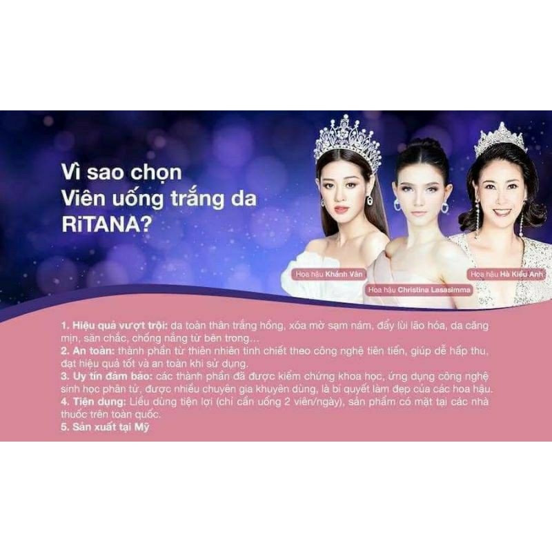 Viên uống trắng da RITANA🔥Tích Điểm 2 Lọ 60 Viên Tặng 1 Lọ 15 Viên🔥Trắng Hồng - Chống Nắng | BigBuy360 - bigbuy360.vn