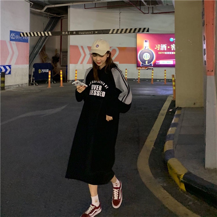 Đầm hoodie tay dài vải nhung dáng rộng thời trang thu đông cho nữ