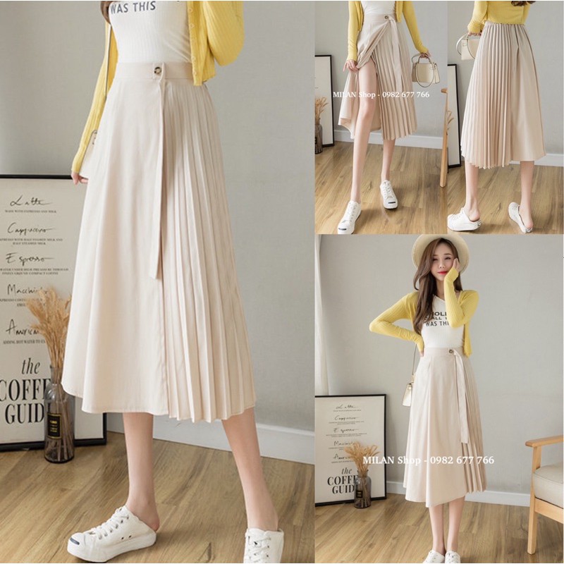 Chân váy dài qua gối phối dập ly midi thời trang mới