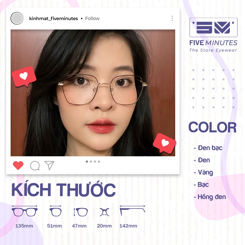 Gọng kính nam nữ kim loại mảnh nhẹ dáng vuông size to 8899 Siêu hot 2023 - Kính Mắt Five Minutes