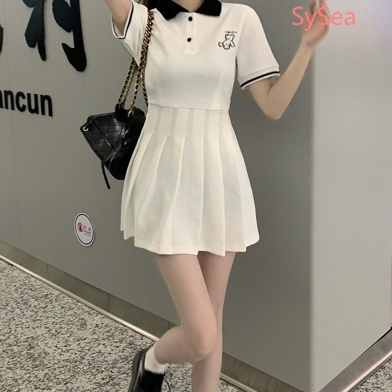 Đầm Xếp Ly Cổ Polo Thêu Họa Tiết Thời Trang Mùa Hè Hàn Quốc Cho Nữ