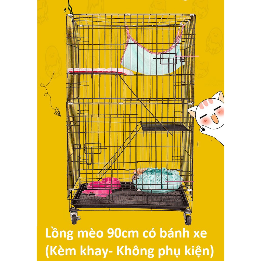 LM600 - Chuồng mèo 3 tầng Size S Lồng mèo gấp gọn có bánh xe KT 90cm rộng 60cm sâu 40cm (nuôi 2 mèo)