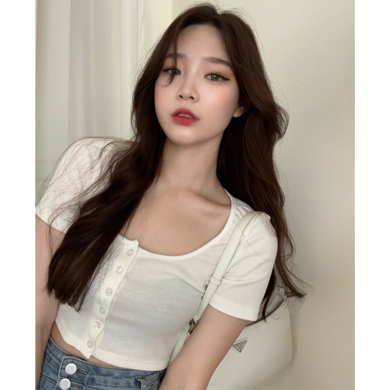 Áo croptop kiểu nữ Ulzzang tay ngắn, Áo thun croptop cộc dài nữ phong cách Hàn Quốc AT12