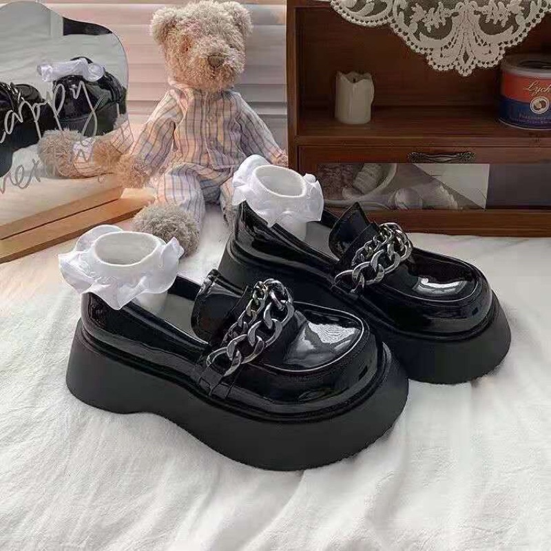 Giày oxford da lolita đế cao phối dây xích ngang phong cách retro