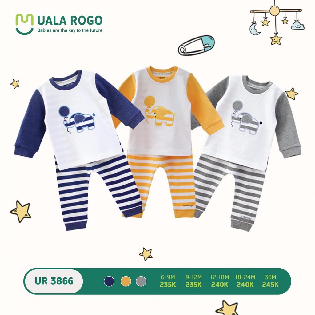 [CHÍNH HÃNG] Bộ nỉ dài tay cài vai họa tiết trẻ em Uala Rogo